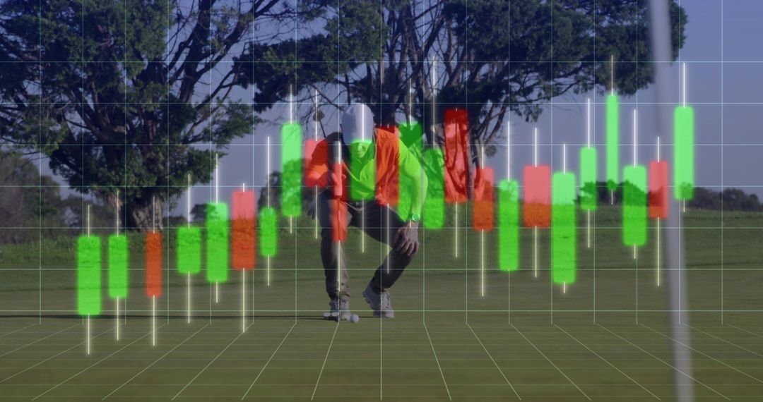 Golfer Analyzing Putt Position Overlaid with Candlestick Chart