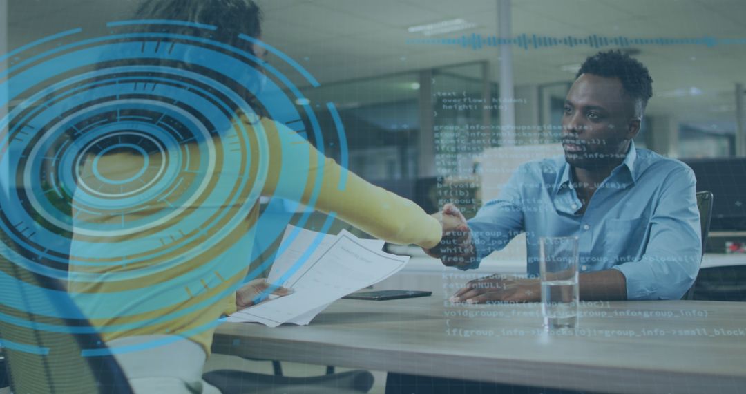 Business Professionals Engaging with Digital Data Overlay