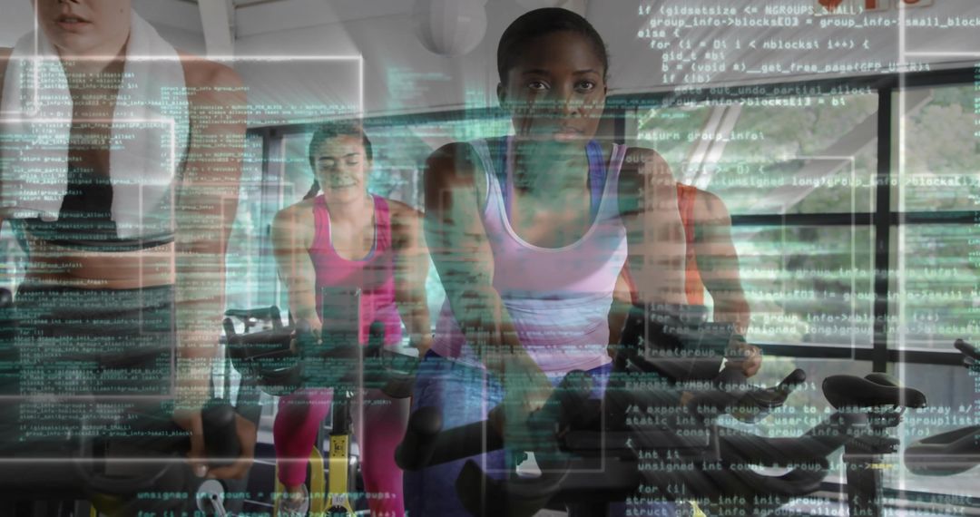 Women Exercising on Stationary Bikes with Digital Code Overlay
