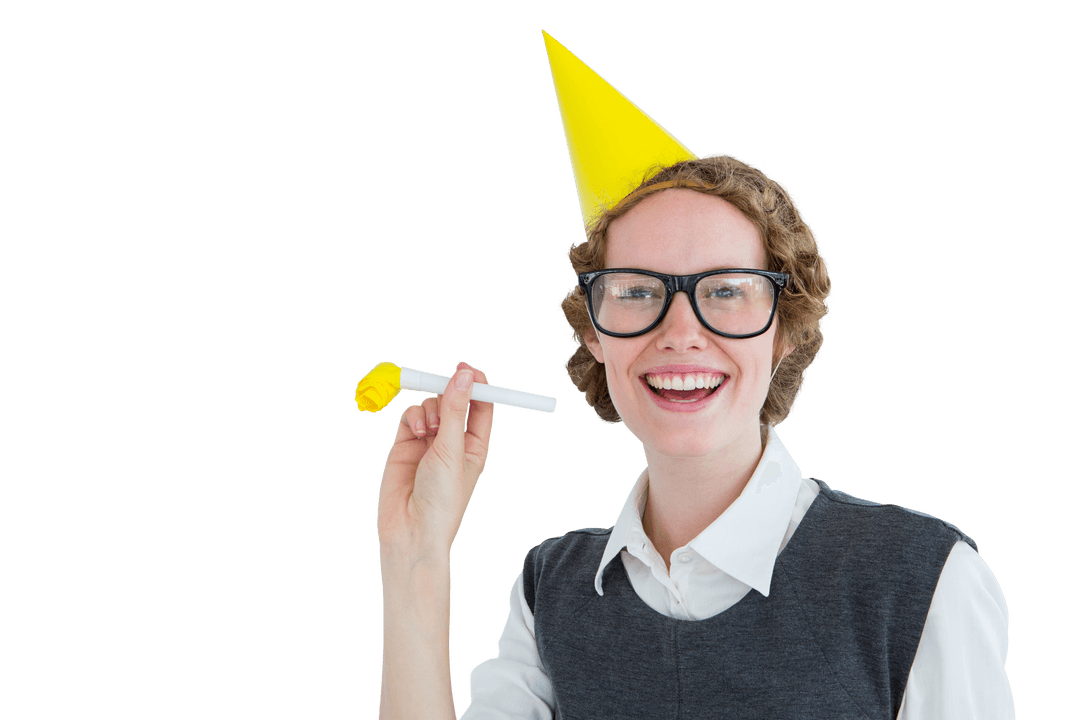 Happy Hipster Smiling with Geeky Vibe and Transparent Party Hat