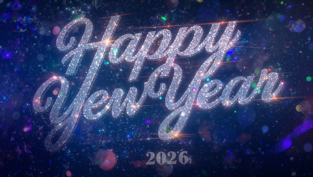 Shimmering Happy New Year 2026 Script with Glitter Sparkle and Deep Blue Bokeh