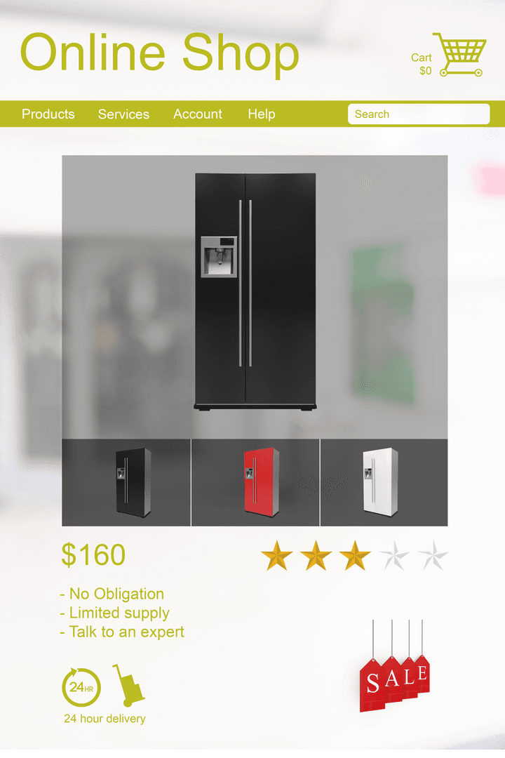Transparent Online Shop Interface Displaying Refrigerators for Sale