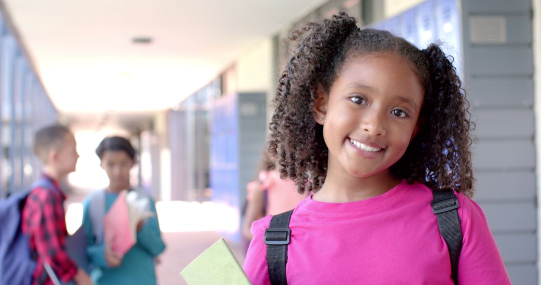 Joyful African American Student in School Hallway