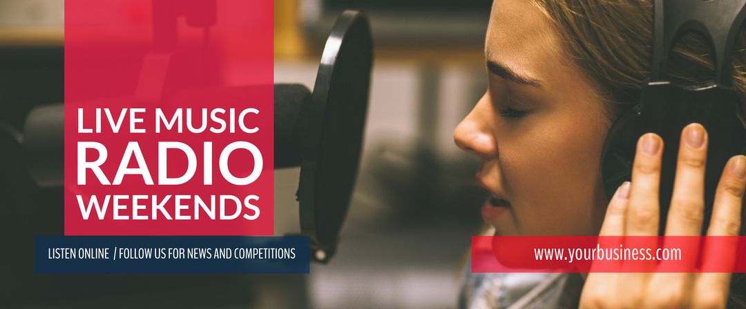 Woman Enjoying Live Radio Broadcast with Headphones