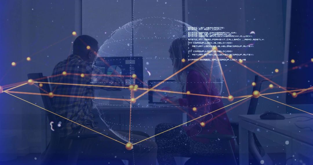 Coworkers collaborating around monitors with holographic globe and digital network overlay