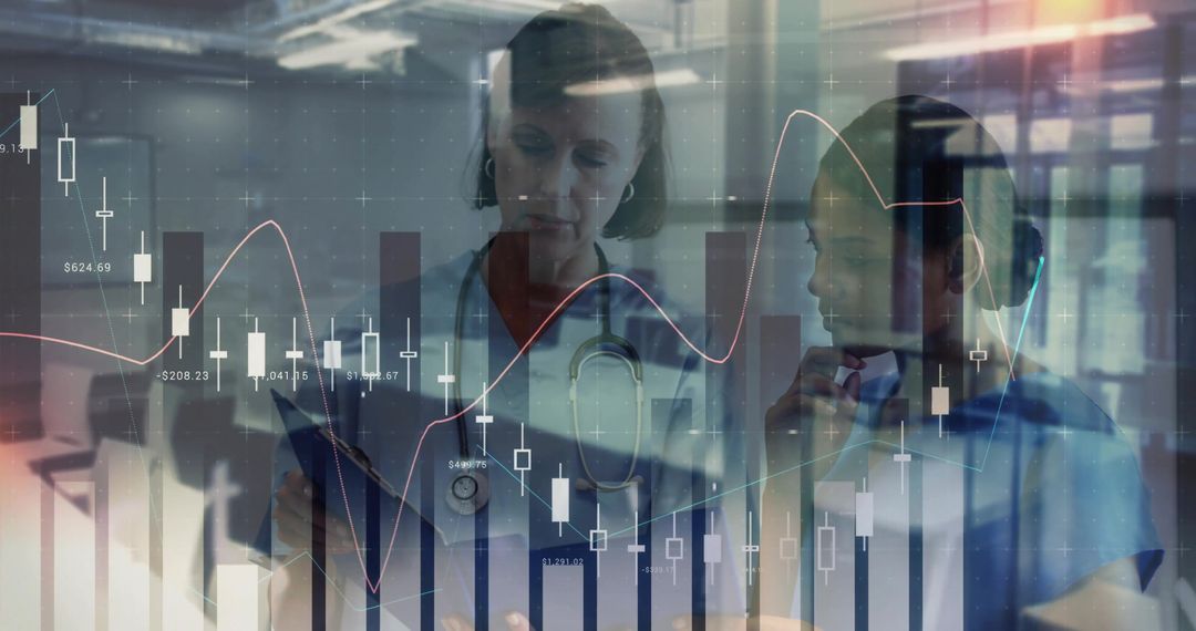 Modern Medical Professionals Analyzing Data with Financial Chart Overlay