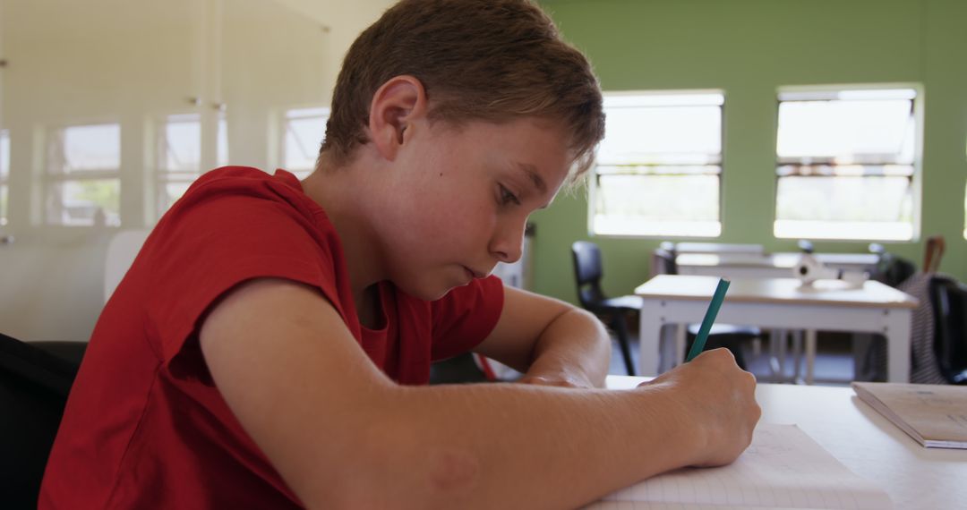 Young Boy Concentrating on Homework at Desk in Classroom - Free Images, Stock Photos and Pictures on Pikwizard.com