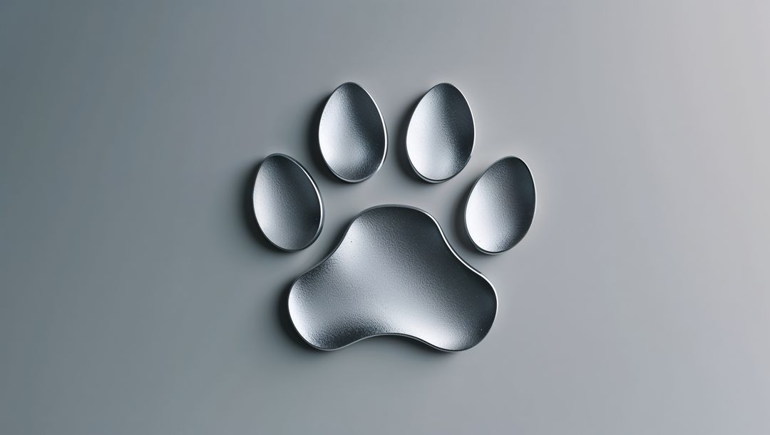 Silver Metallic Paw Print Emblem on Matte Gray Background