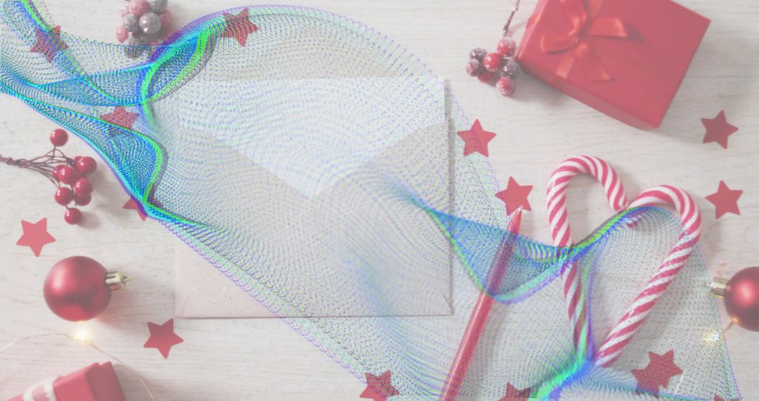 Draping iridescent mesh ribbon over cream envelope with candy cane heart flatlay holiday
