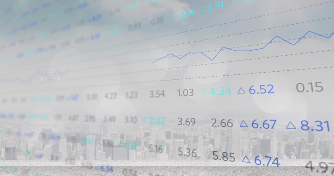 City Skyline Showing Financial Data Overlay with Blue Line Chart and Teal Delta Indicators
