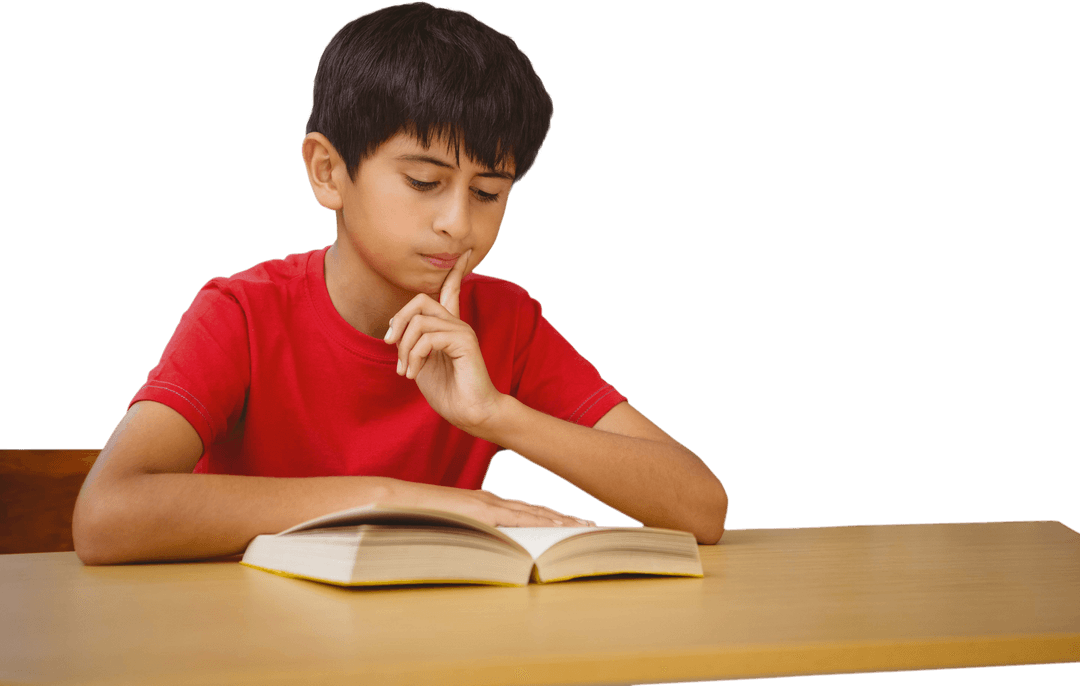 Young Boy in Red Shirt Reading Thick Book on Transparent Background