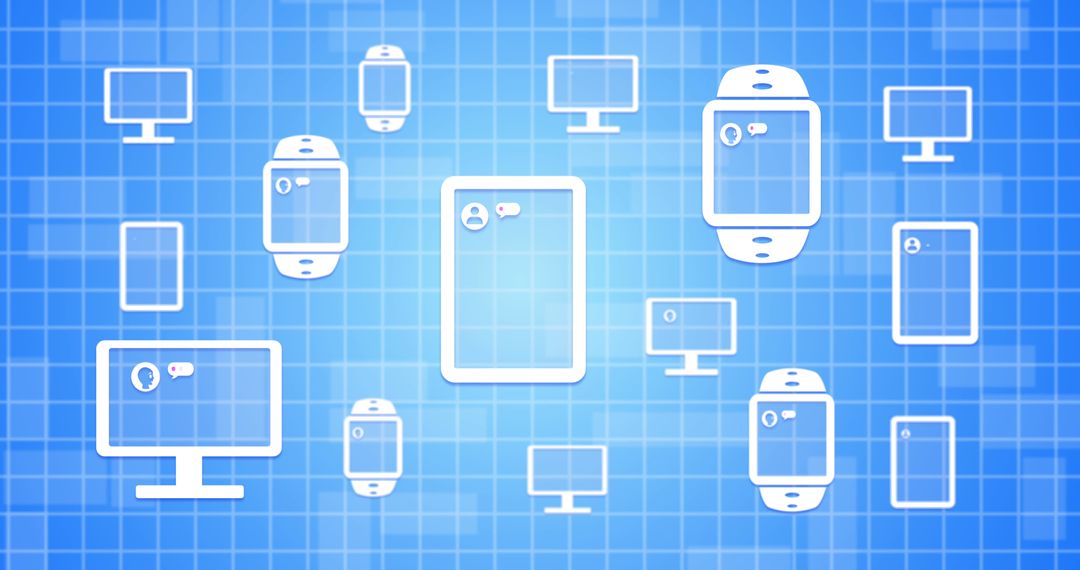 AI Chat Icons Across Multiple Digital Devices on Blue Grid Background