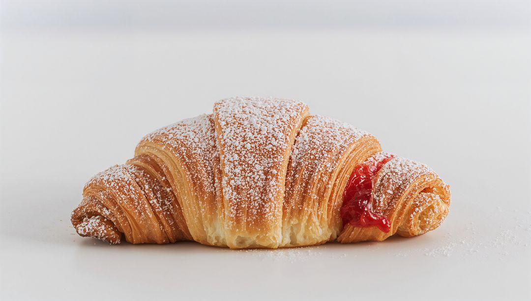 Jam-oozing Croissant Dusting Powdered Sugar Flaky Laminated Pastry on Minimal White