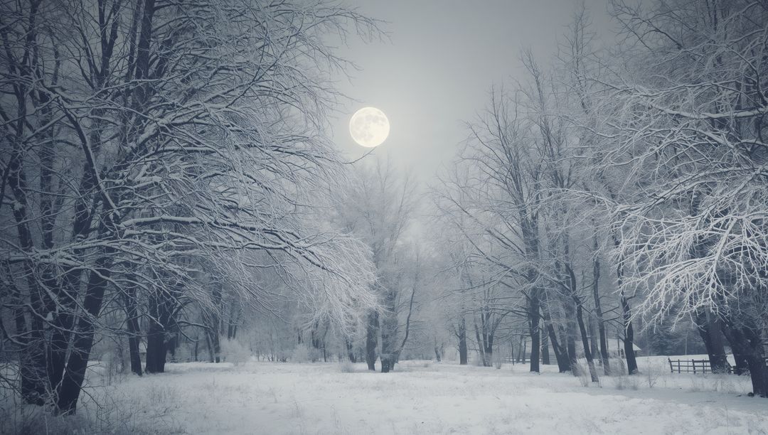 Moonlit Winter Meadow with Frost-Covered Bare Trees and Full Moon Over Silent Snowfield