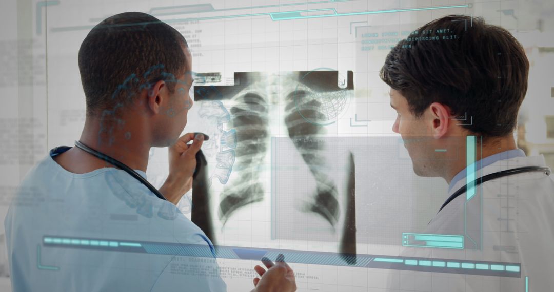 Doctors Discussing X-Ray Analysis and Data Interface