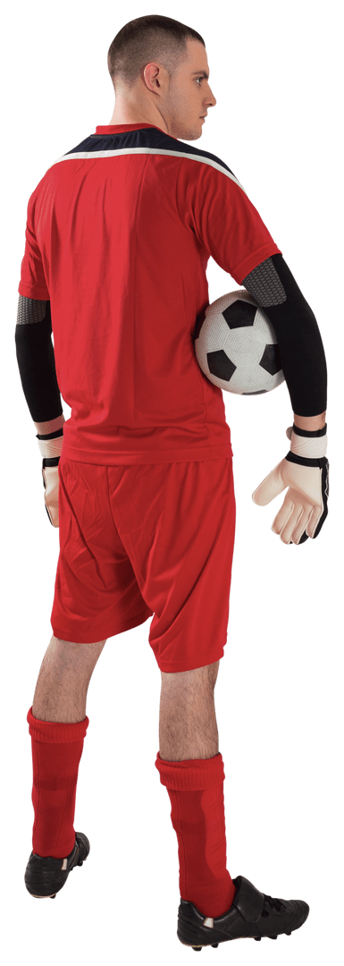 Transparent Goalkeeper in Red Uniform Holding Soccer Ball