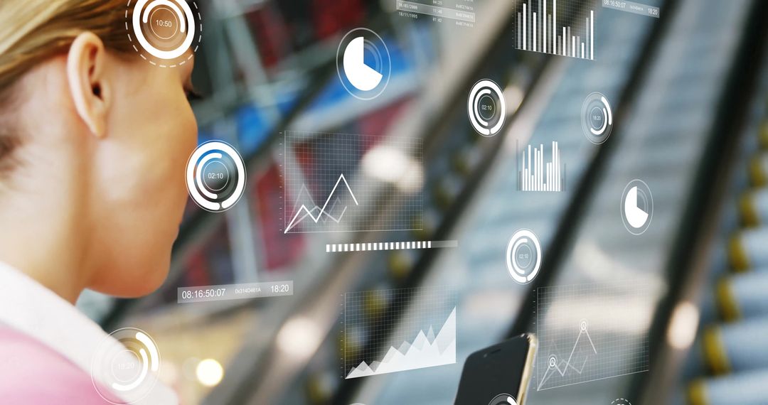 Businesswoman Using Augmented Reality for Data Analysis at Terminal