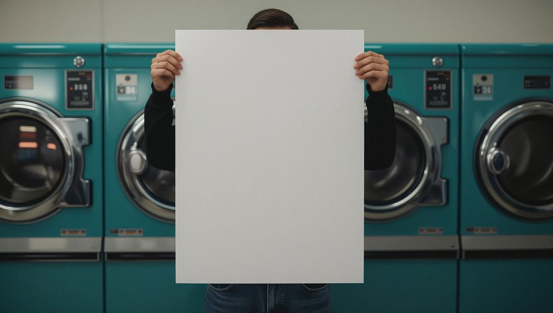 Person Holding Blank Board in Modern Laundromat Setting