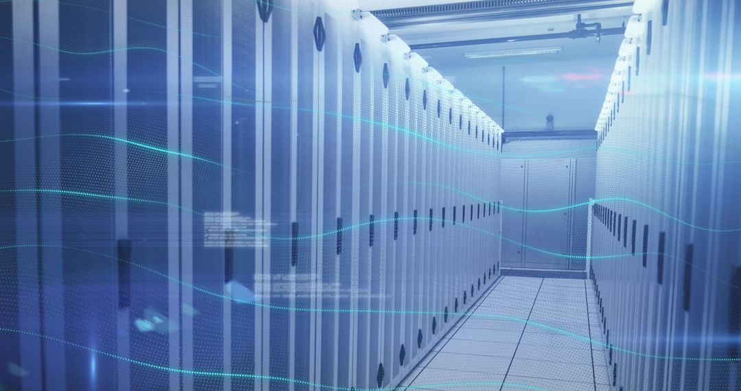 Futuristic Data Center with Digital Waves and AI Technology