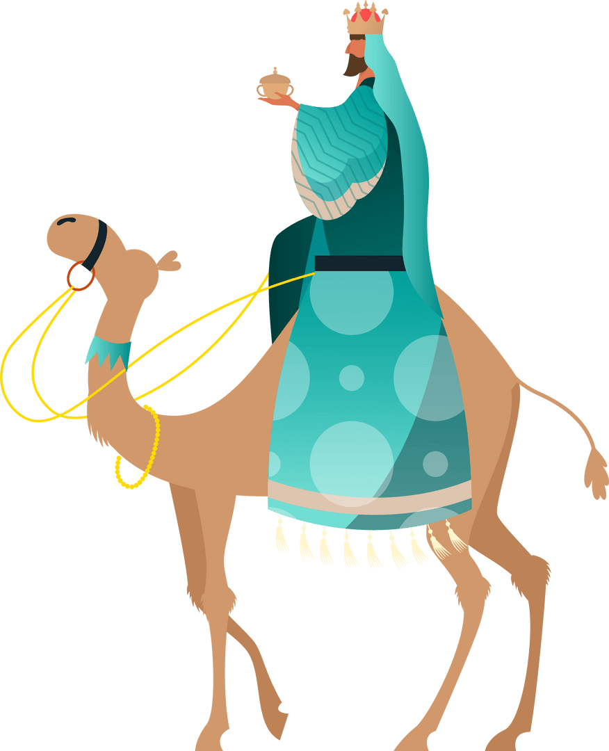 Royal King Riding Camel with Golden Jar on Transparent Background