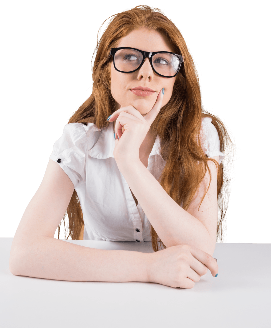 Transparent Redhead Woman Thinking and Looking Up