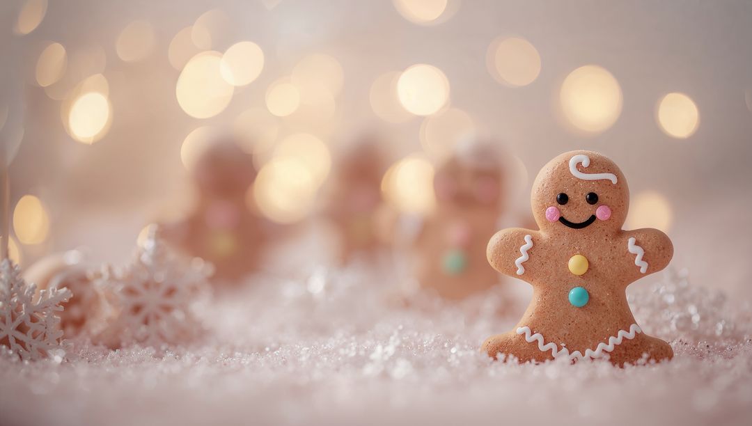Smiling Gingerbread Man Cookie with Bokeh Lights and Snowy Tabletop for Holiday Baking