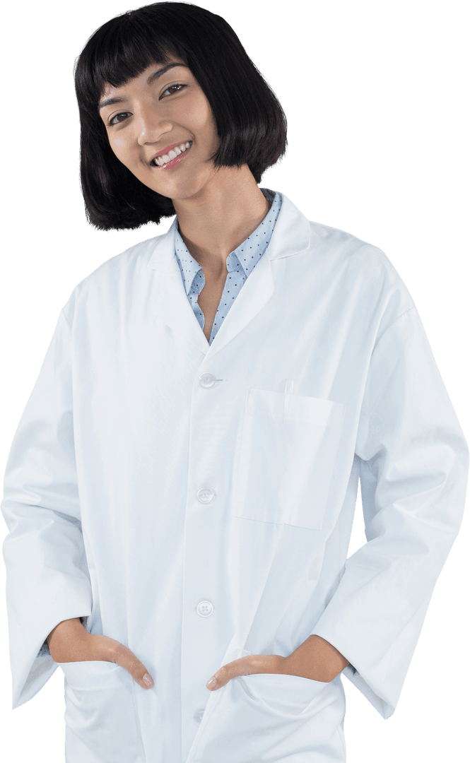 Transparent Scientist Smiling in Lab Coat with Hands in Pockets
