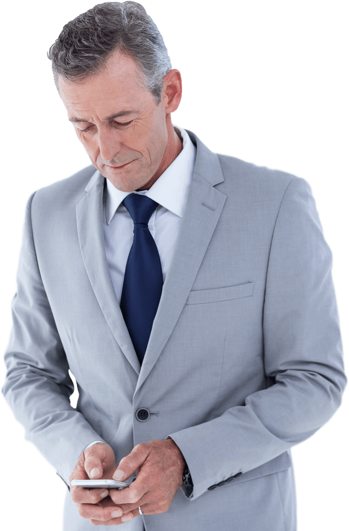 Mature Businessman Typing on Smartphone Transparent Background