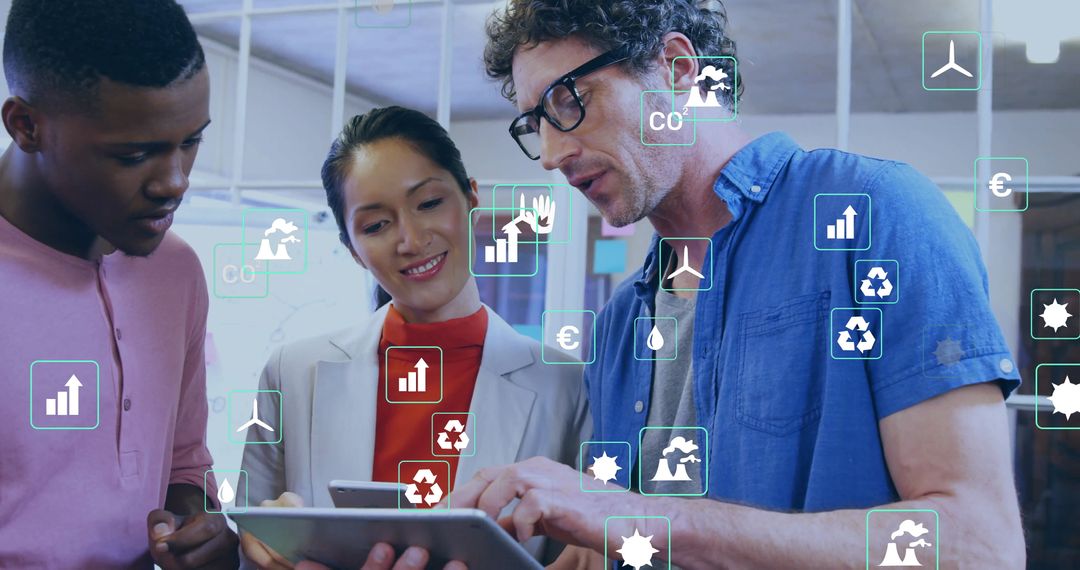 Diverse Team Discussing Green Solutions with Digital Interface Icons