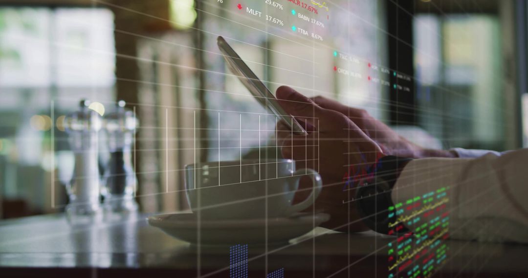 Businessman Analyzing Financial Data Using Smartphone in Cafe