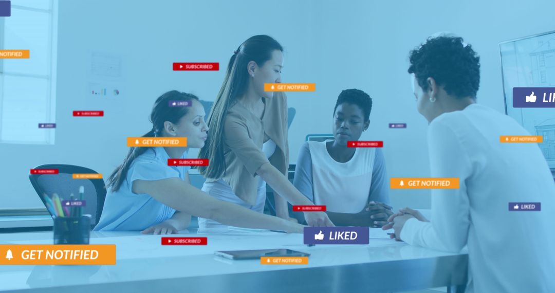 Diverse Team Collaborates in Office Overlayed with Social Media Icons