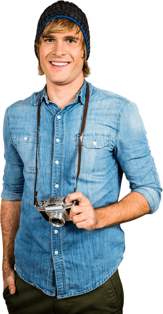 Smiling Hipster Man Holding Transparent Camera with Joyful Expression