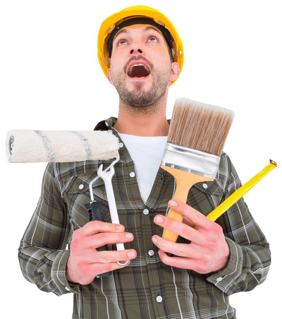 Excited Worker Holding Painting Tools With Transparent Background