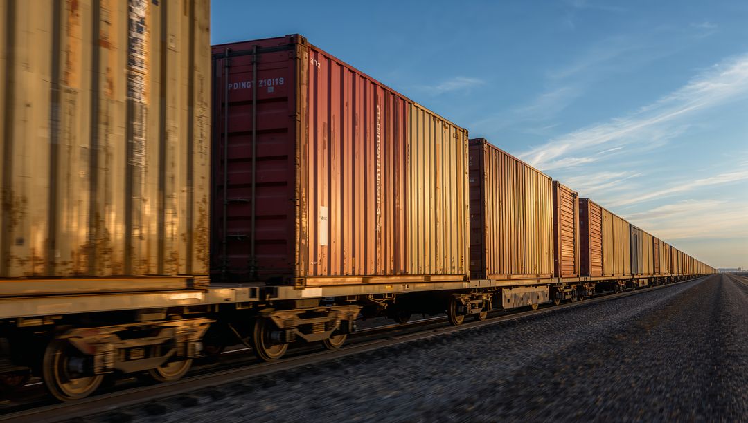 Rolling freight train hauling intermodal containers along rural track during golden hour