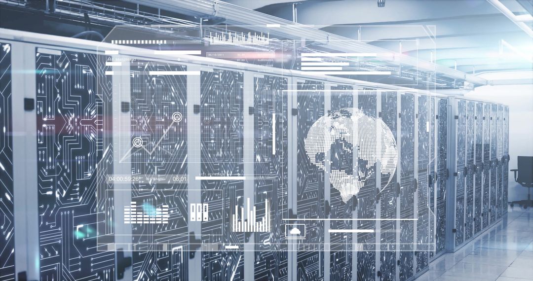 Futuristic Data Center with Holographic Interfaces and Digital Graphics