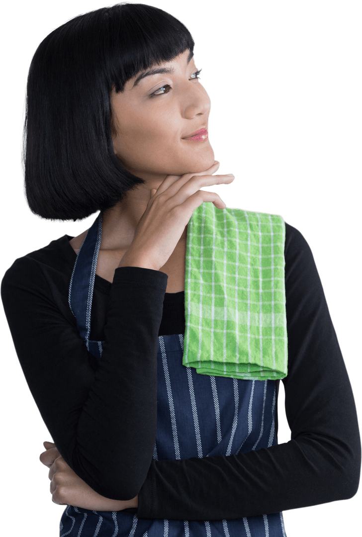 Biracial Woman with Apron and Towel on Transparent Background