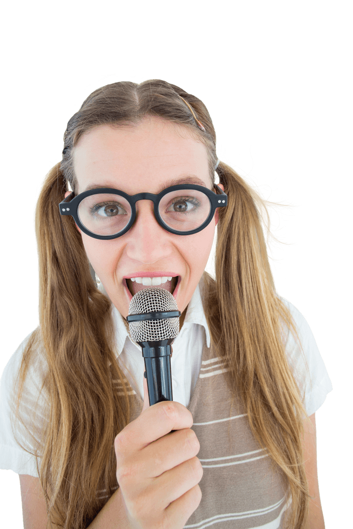 Transparent Geeky Hipster Joyfully Singing with Microphone