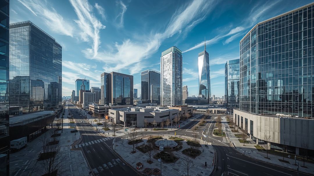 Modern Skyline with Reflective Skyscrapers and Urban Roundabout