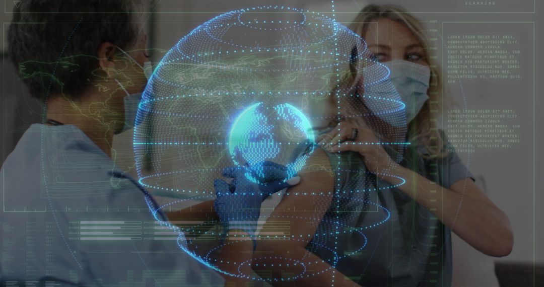 Healthcare Worker Giving Vaccine to Patient with Futuristic Digital Globe Overlay