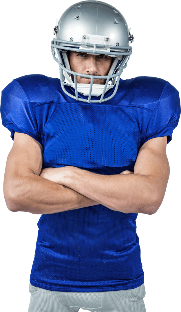 American Football Player In Blue Jersey Standing with Arms Crossed