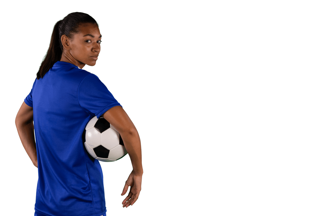 Serious Female Soccer Player with Ball on Transparent Background