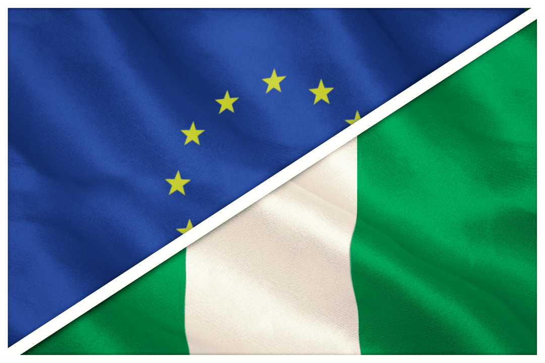 Transparent Waving Nigerian and European Union Flags Close-Up
