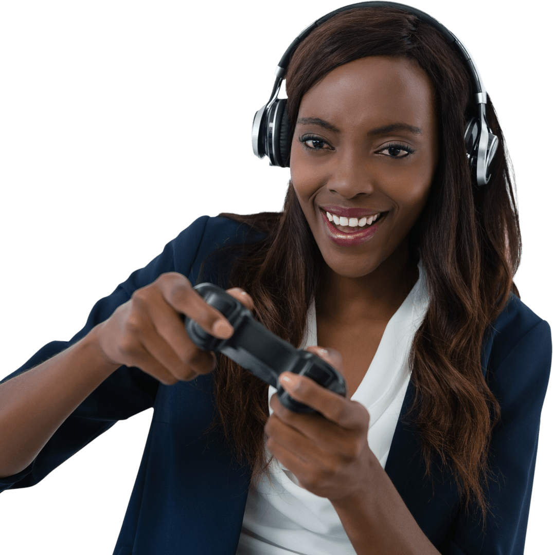 Businesswoman Enjoys Gaming with Controller and Headphones