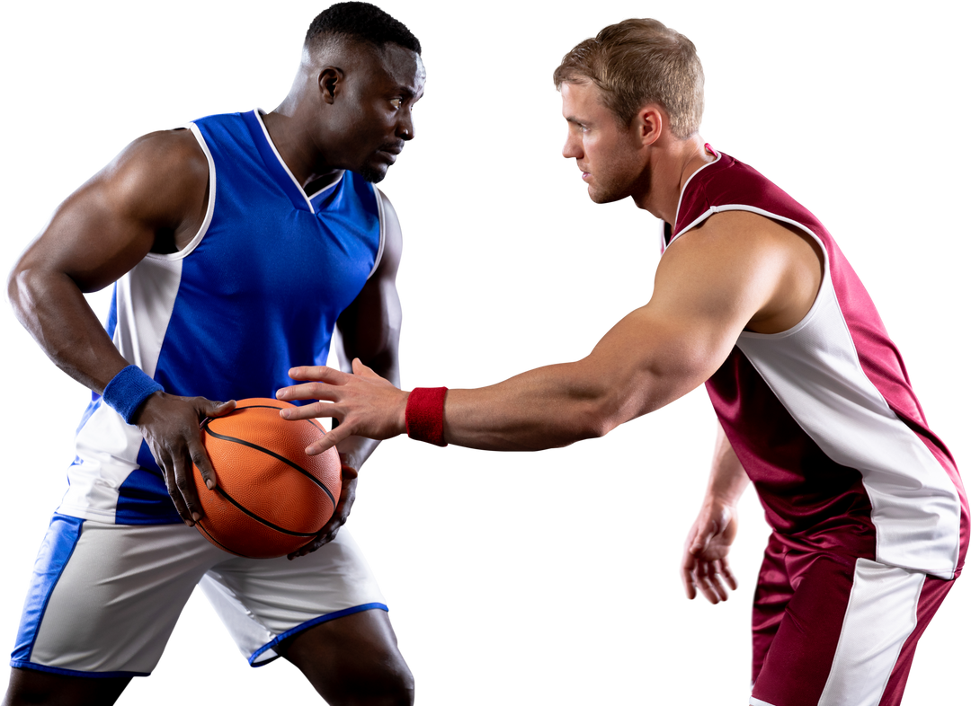 Competitive Basketball Matchup with Intense Players Wearing Team Colors on a Transparent Background - Download Free Stock Images Pikwizard.com