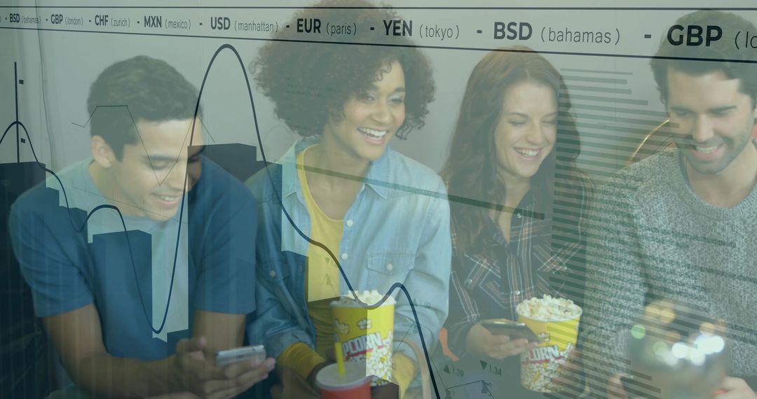 Friends with Popcorn Engaging with Technology amid Financial Insights