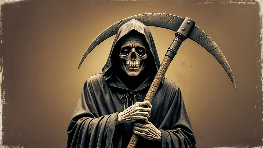 Grim reaper holding scythe with hooded robe in vintage style