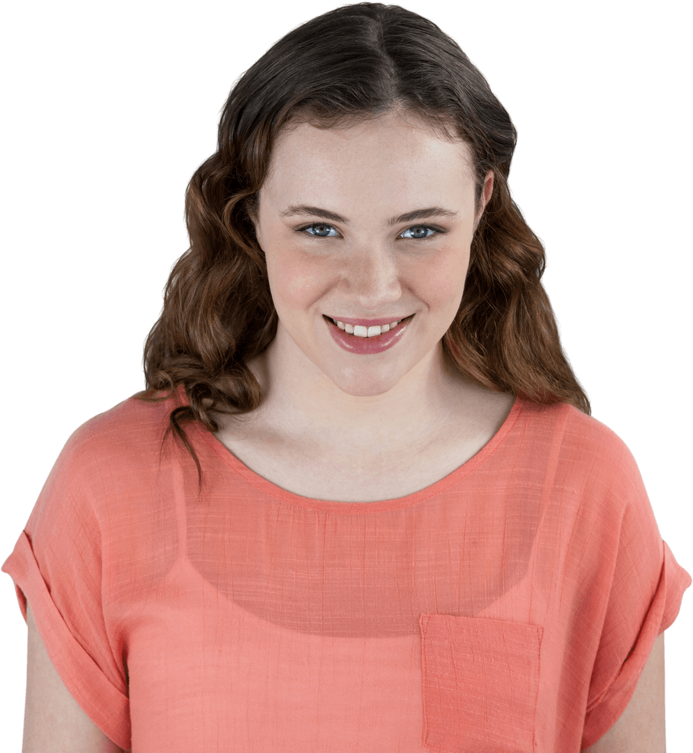 Smiling Woman in Peach Shirt on Transparent Background