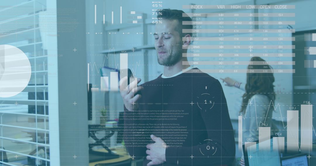 Business Professional Using Smartphone with Digital Infographic Overlay