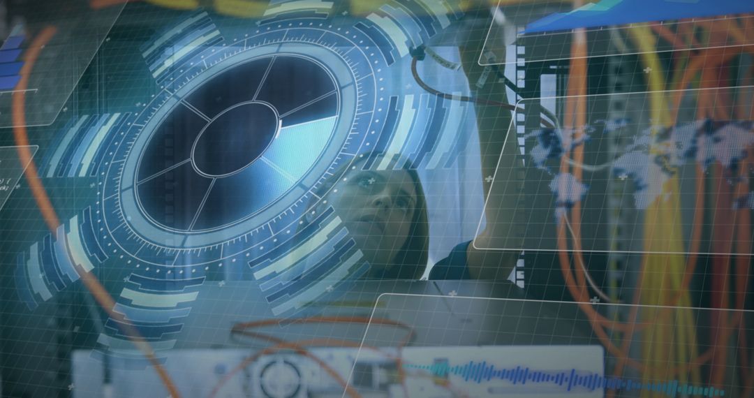 Caucasian Engineer Analyzing Digital Interface in Server Room