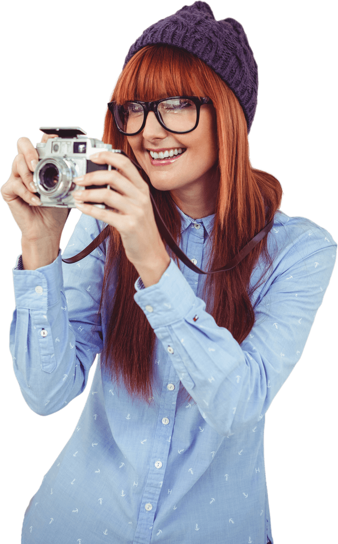 Transparent Hipster Woman Joyfully With Retro Camera